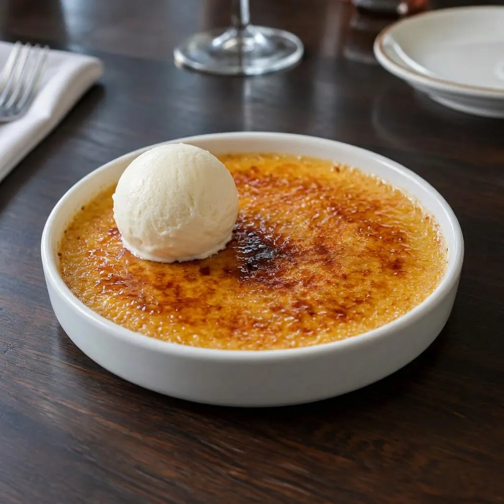 Crème brûlée met een bol ijs